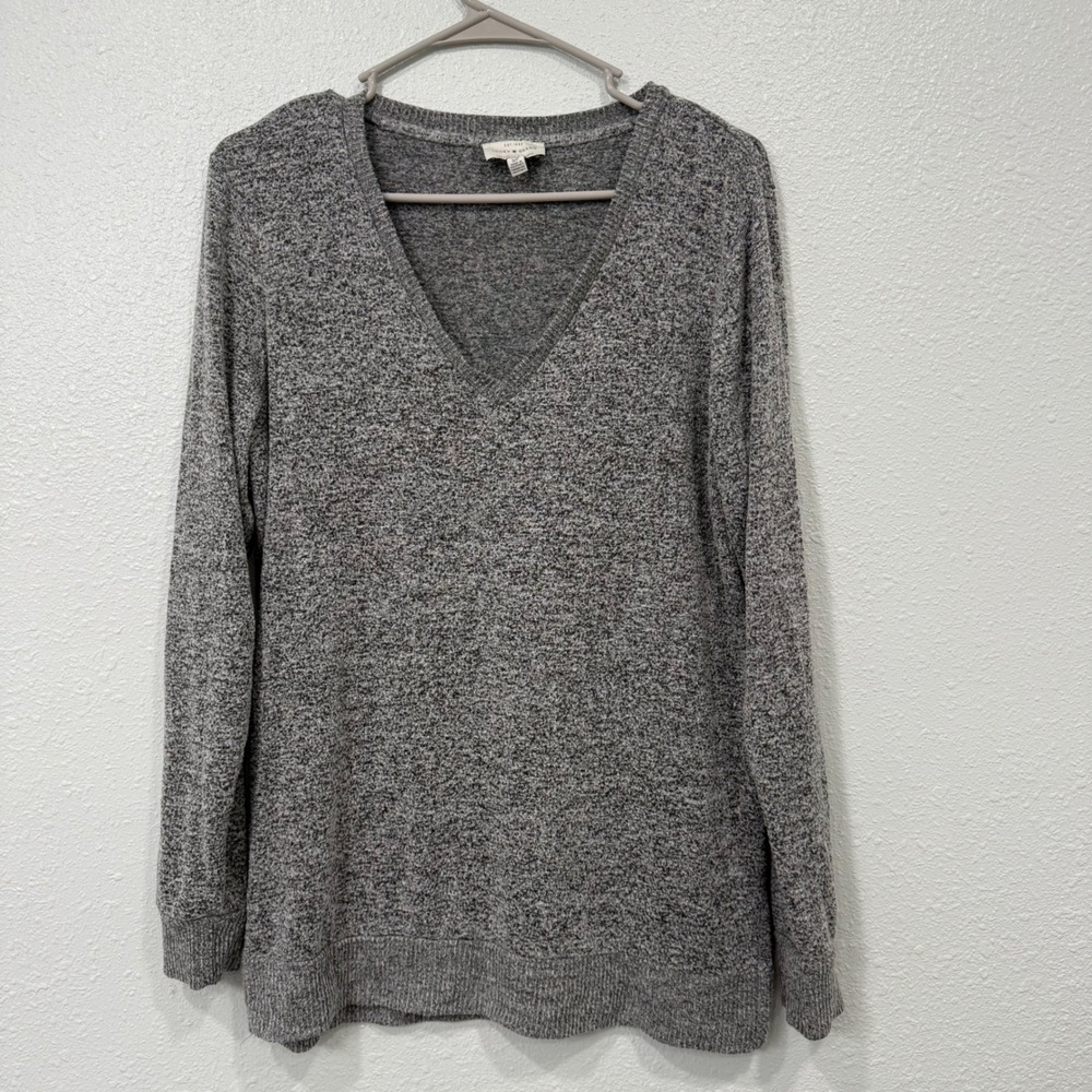 Lucky Brand Womens Gray Marl V-Neck Long Sleeve Sweater Side Slit Size Small
